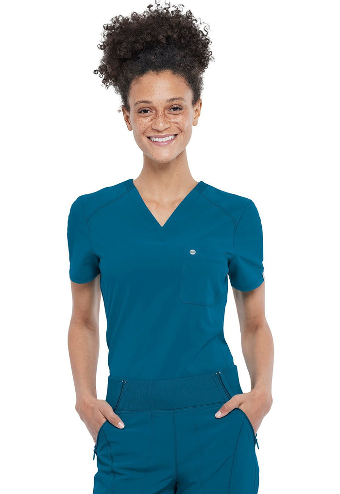 Caribbean Blue Infinity Scrubs Tuckable V-Neck Top- Front View