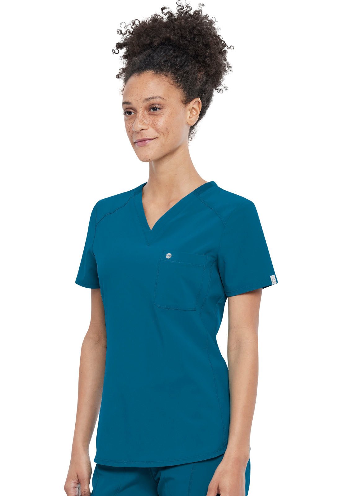 Caribbean Blue Infinity Scrubs Tuckable V-Neck Top- Left Side View
