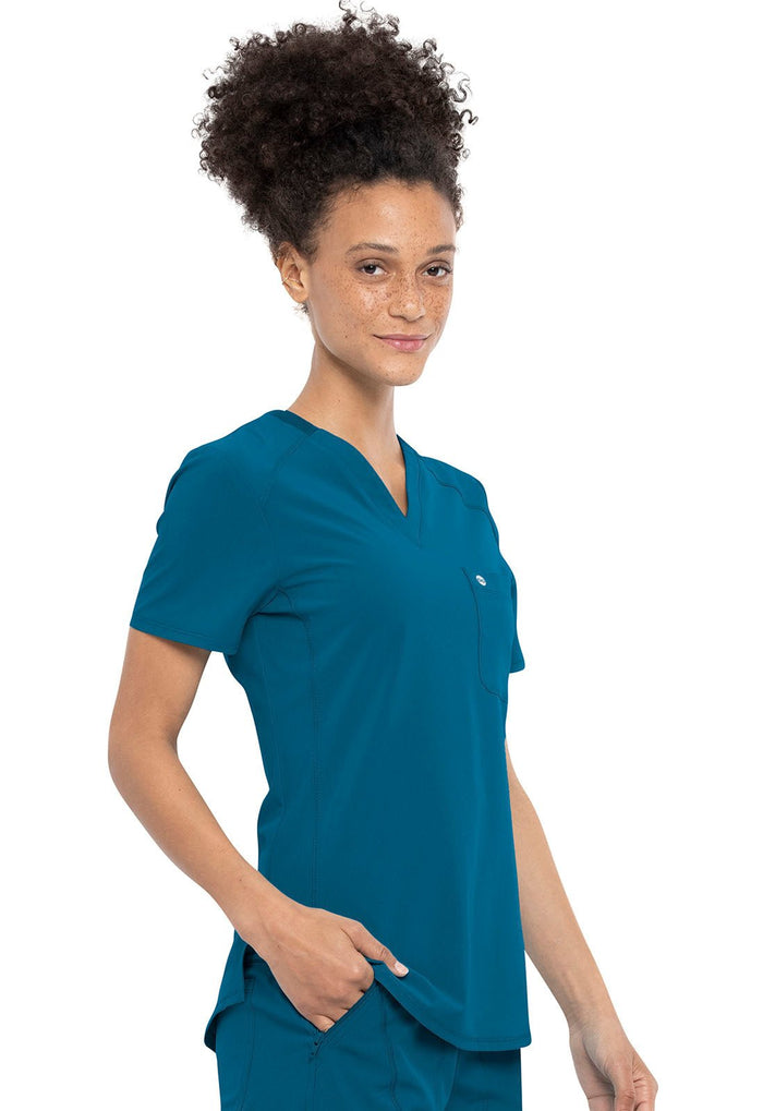Caribbean Blue Infinity Scrubs Tuckable V-Neck Top- Right Side View