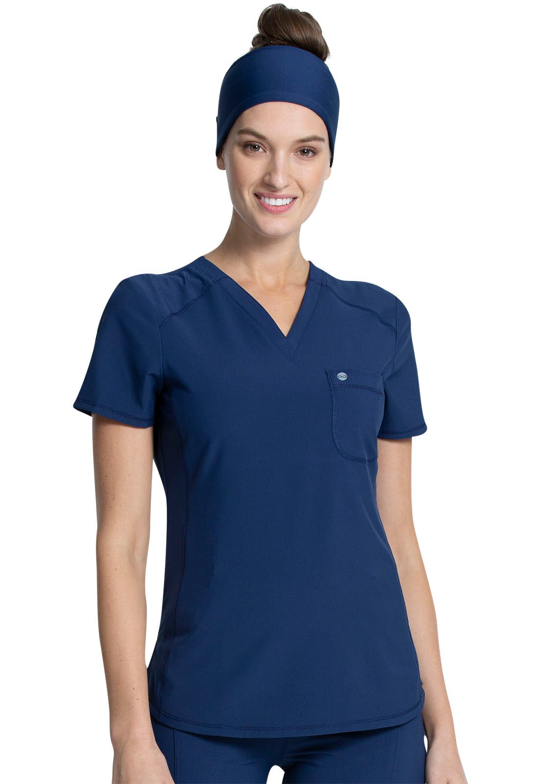 Navy Infinity Scrubs Tuckable V-Neck Top- Front View