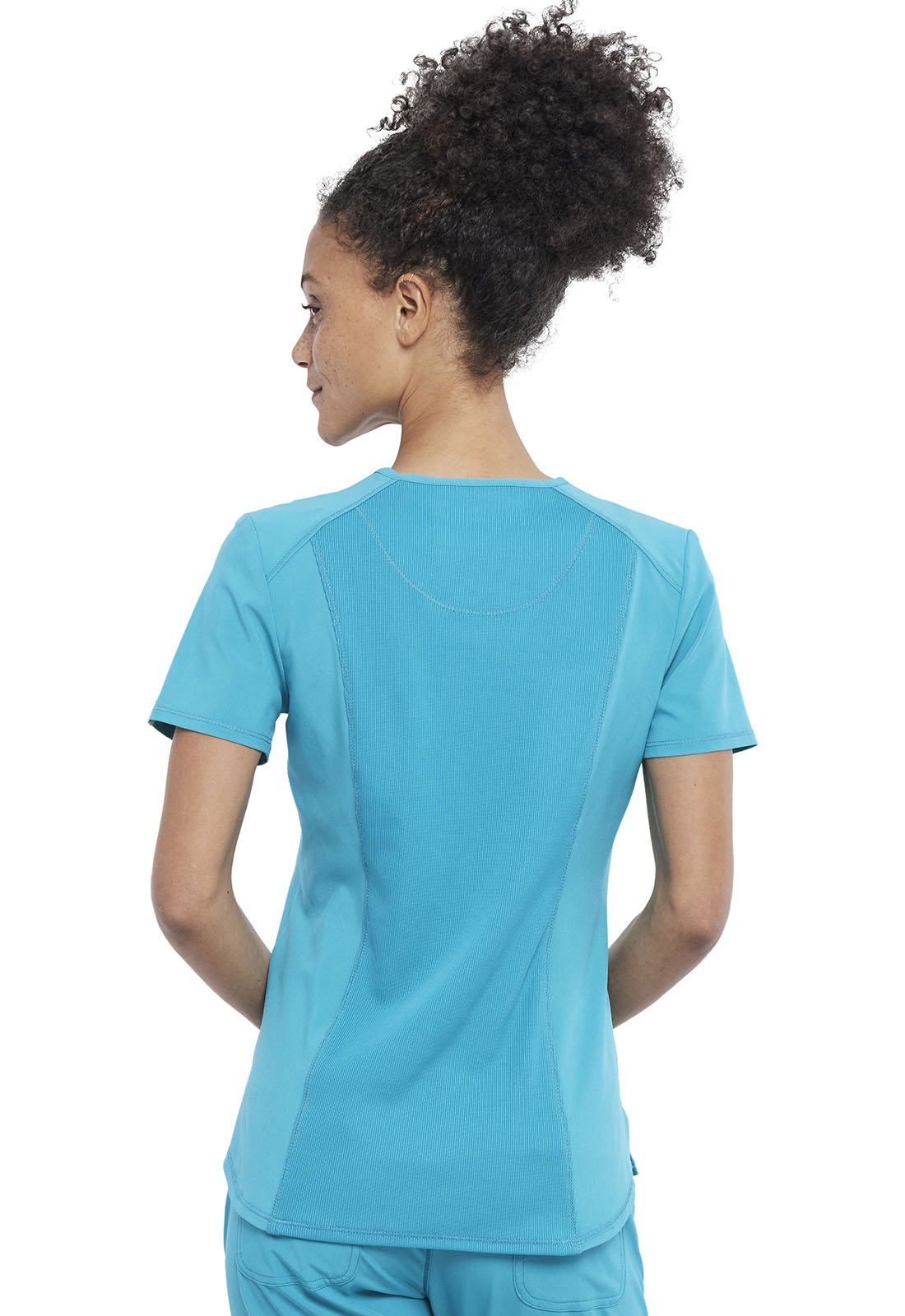 Teal Blue Infinity Scrubs Tuckable V-Neck Top- Back View