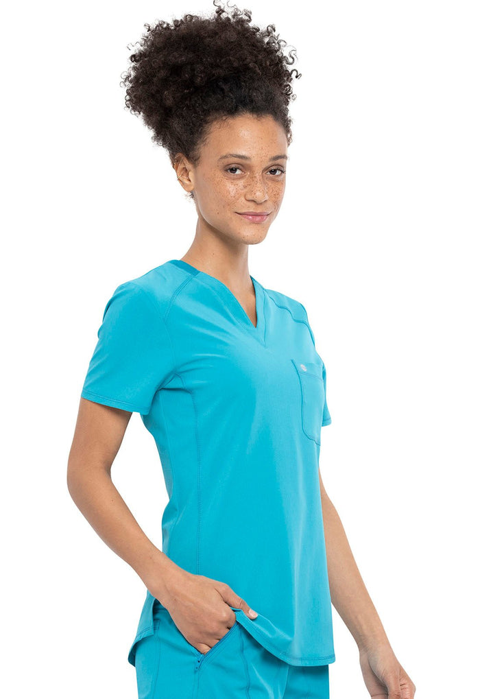 Teal Blue Infinity Scrubs Tuckable V-Neck Top- Right Side View
