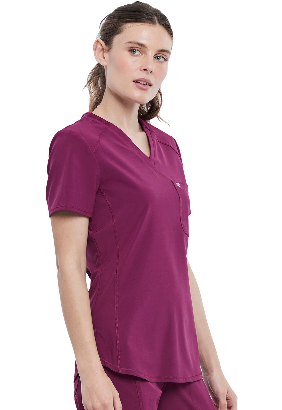 Wine Infinity Scrubs Tuckable V-Neck Top- Right Side View