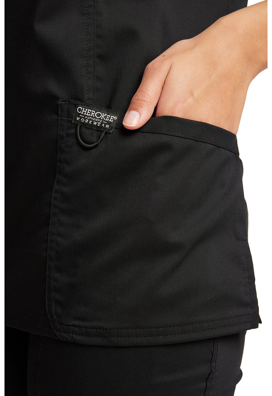 Black Revolution Mock Wrap Top - Side Pocket View